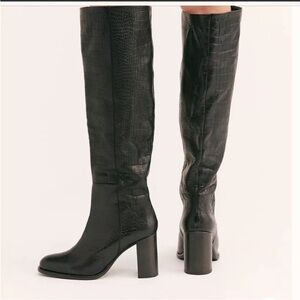 Free People Grayson Black Croc Leather tall knee high boots size 7.5